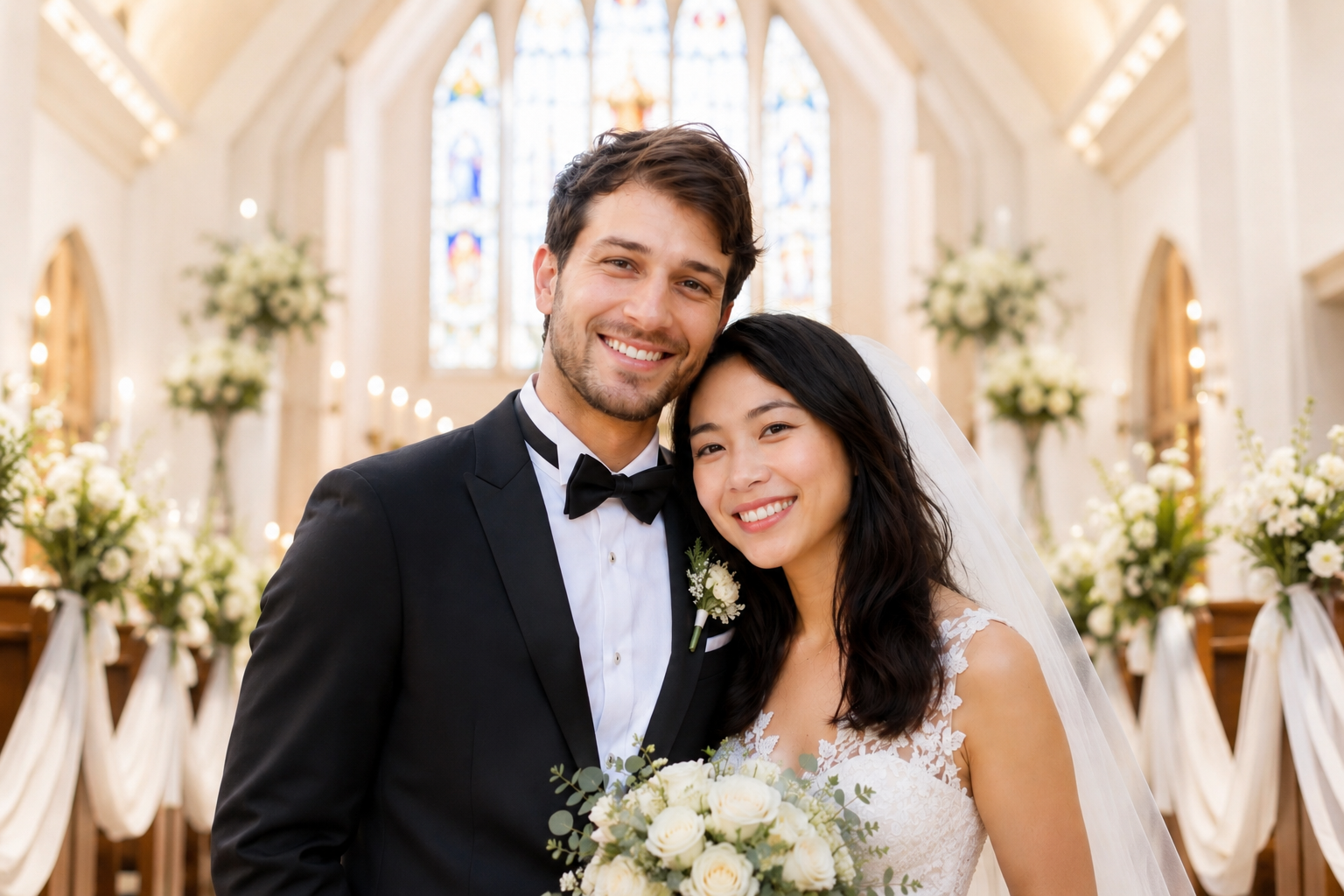 教会で笑顔の新郎新婦